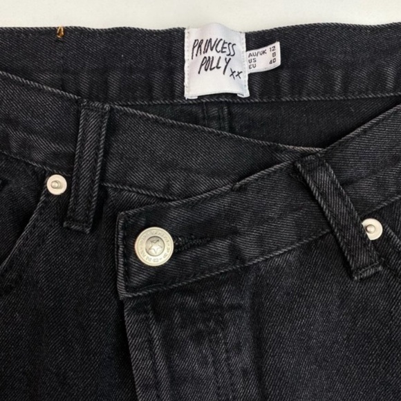 Princess Polly Holly Asymmetric Ripped Leg Jeans Black Sz 8 - Picture 3 of 6